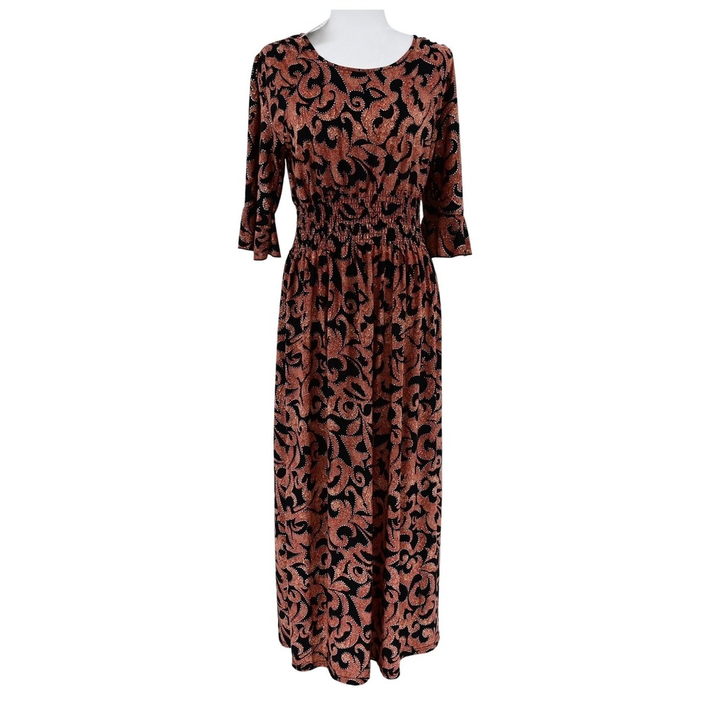Women’s Black and Copper Patterned Maxi Dress, Size 12-14